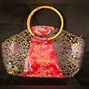 NWOT Tote with Triple Flower Print Patch Designs Gold, Purple with Red & Greens